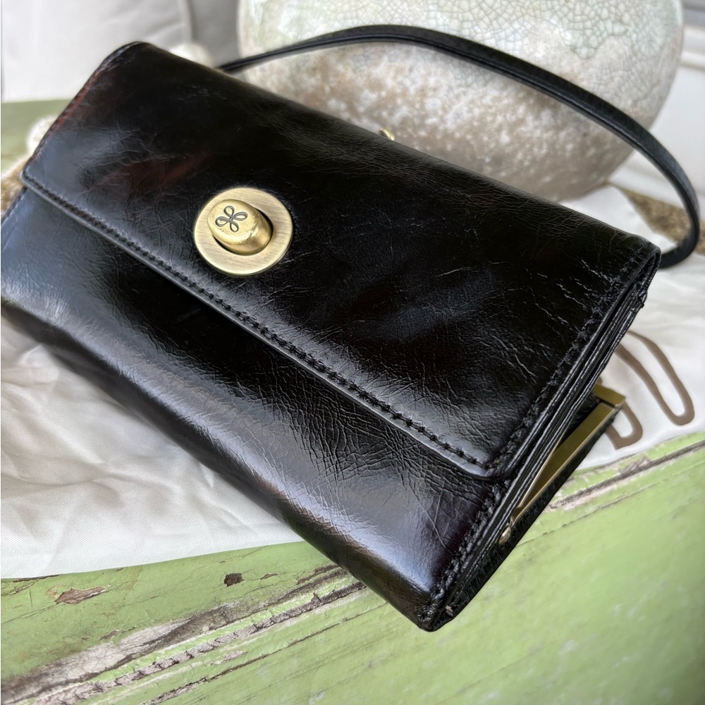 HOBO Black Leather Crossbody with Gold Turn-Lock Accent